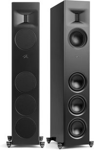 Cassa a colonna MartinLogan Motion XT F100 nero laccato con 4 altoparlanti circolari visibili e un tweeter rettangolare
