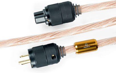 Deux connecteurs d'alimentation IEC mâles noirs avec contacts dorés, reliés par des câbles tressés cuivrés