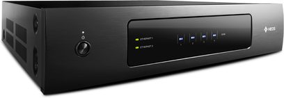 Denon HEOS Drive HS2 svart multikanalseffektförstärkare, framsida med 5 blå och 4 gula LED-lampor, framifrånvy