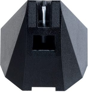 Svart elliptisk diamantnål montert på metallholder, nærbilde forfra, Ortofon Stylus 2M black