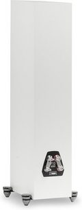 Altavoz columna Motion F10 blanco mate vista trasera con conectores negros y plateados sobre una base de 4 patas metálicas