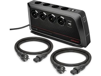 Svart AudioQuest PowerQuest 3-strømskinne med 8 uttak og 2 svarte flettede NRG-Y3-strømkabler