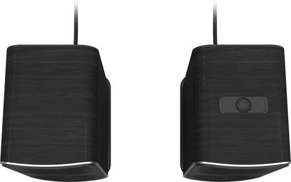 Klipsch Promedia Lumina 2.1 satellithøjttalere i sort, sidevisning, volumenkontrol på højre højttaler