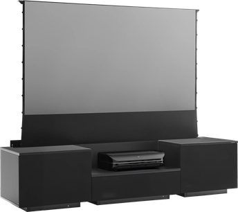 NorStone Eden Vision 200 Möbel schwarz mit hochgefahrenem Eden extra bright UST 200C Bildschirm und Ultrakurzdistanzprojektor