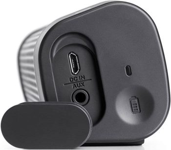 Trådløs, tilsluttet Denon DSB-100 højttaler Sort/blå, set fra siden, afrundet form, mat sort finish, knapper og porte på siden