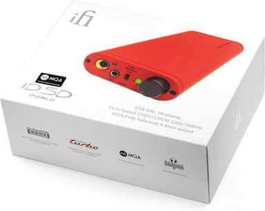 Bærbar iFi Audio iDSD Diablo rød audio-konverter, set ovenfra, i sin åbne hvide æske