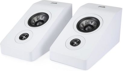 To hvide Polk Audio R900-højttalere, set ovenfra, med hexagonal form og sort midterhøjttaler