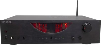 Taga Harmony HTA-800B sort hi-fi stereoforstærker, frontbillede, front med knapper og display, på hvid baggrund