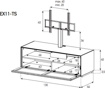 Schéma technique avec dimensions d'un meuble TV Sonorous Elements EX11-T5 en bois, composé de 2 étagères et d'un support mural
