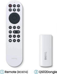 Видеопроектор Benq W2720i, правоъгълно бяло дистанционно управление с черни бутони и вертикален бял цилиндричен донгл