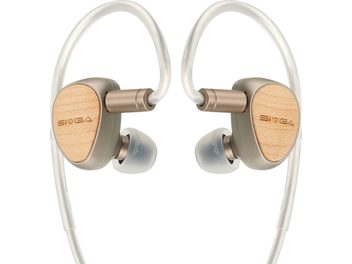 Sivga Que in-ear oordopjes in goudgrijs, lichtbeige geaderde frontjes en zilverkleurige kabel met oorhaken