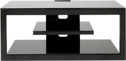 Sort TV-møbel med 2 glashylder og 1 lukket midterhylde, rektangulært, rent og moderne design