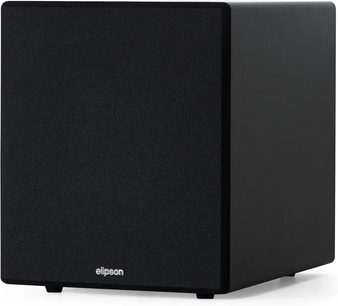 Siyah Elipson Classic Sub 10 subwoofer, ön ızgarası ve yuvarlatılmış köşeleriyle üç çeyrek açıdan görünüm