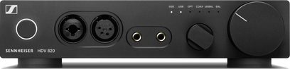 Sluchátkový předzesilovač Sennheiser HDV 820 černý, pohled zepředu, konektory vlevo, tlačítka a ovládací kolečko vpravo