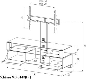 Teknisk diagram med dimensioner af et TV-møbel fra Sonorous MD-8143(F-F) i træ med 2 skuffer og glasinddelte rum