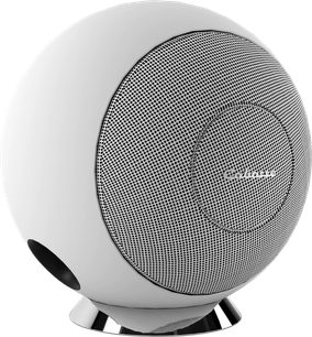 Compact hi-fi speaker Riga 2 on matte white stand with spherical shape, perforated front grille, and circular metal base