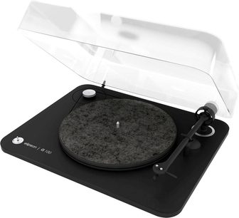 Elipson Alpha 100 RIAA BT mat sort pladespiller med granitplade, lige tonarm og gennemsigtig låg set fra oven
