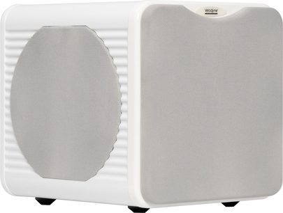 Subwoofer Velodyne MicroVee X branco, vista em três quartos com grelhas frontal e lateral brancas