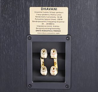 Davis Acoustics Dhavani sort centerkanal, tæt forfra, med 4 gyldne højttalere synlige i et rektangulært sort kabinet