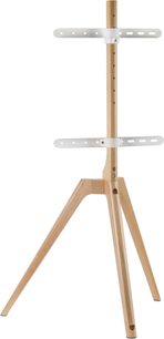 Norstone Pro Vision Wood TV-stativ i lyst træ med lodret, gennemboret søjle, to hvide vandrette metalstænger og slankt trefodsstativ, set forfra