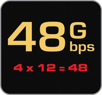 HDMI-kabel Audioquest Pearl 48Gbps 5m, gult "48G bps" og "4 x 12 = 48" logo på sort rektangulær baggrund