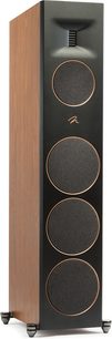 Diffusore a colonna MartinLogan Motion XT F200 noce con pannello frontale nero, 3 altoparlanti circolari e piedini inclinati