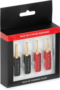 Triangle pack of 4 gold banana plugs, two black and two red, in a black and red cardboard box front view