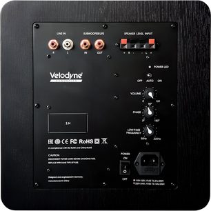 Zwarte Velodyne-subwoofer, achteraanzicht met audio-ingangen, volumeregelingen en netaansluiting