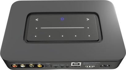 Lecteur audio réseau NODE noir 2025, vue de dessus, surface tactile avec symboles lumineux, connectiques arrière visibles