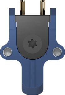 Ortofon MC 90X hi-fi patefono galvutė, mėlynos T formos struktūra su dviem auksuotais kaiščiais ir juodu centru, matoma iš priekio