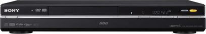 Sony RDR-HXD1090 sort Blu-ray-optager, frontvisning, LCD-display, knapper og diskskuffe på forsiden