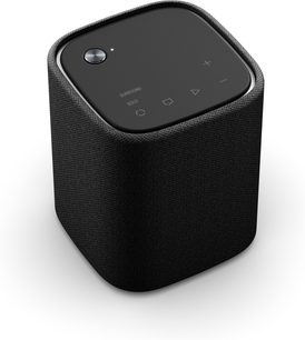 Cassa senza fili connessa Yamaha WS-X1A nera, vista dall'alto, forma rettangolare arrotondata, tessuto a maglia nero, tasti touch sulla parte superiore