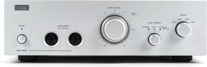 STAX SRM-T8000 silver headphone amplifier, front view, rotary knobs, headphone jacks and inputs/outputs, level indicator