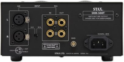 Preamplificador para auriculares STAX SRM-500T, panel frontal, vista frontal, conectores RCA y XLR, botones y luces indicadoras, acabado en negro
