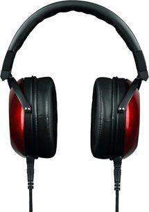 Fostex TH909 kuulokkeet musta-punaisena, avoin ympärysmalli, kuvattu edestä, mustat nahkaiset korvatyynyt ja pääpanta