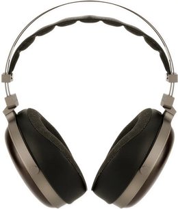 Sivga Peng hifi-hoofdtelefoon van voren gezien, bruine ovale oorschelpen, dikke zwarte oorkussens en dubbele grijze hoofdband
