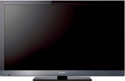 Flad, rektangulær sort Sony KDL-40EX600 fladskærms-TV slukket, set forfra centreret på en ensartet mørkegrå baggrund