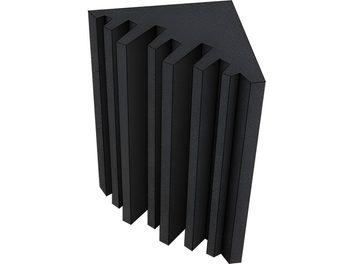 Ocho paneles acústicos negros rectangulares verticales de espuma con ranuras verticales paralelas en la cara frontal