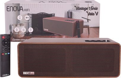 Cassa wireless Enova HIFI VELA V, finitura in legno, griglia anteriore tessuta marrone, telecomando nero con pulsanti colorati