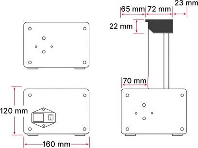 Siyah metal duvar desteğinin, 160 x 120 mm montaj plakası ve yan profiliyle ölçülendirilmiş şeması