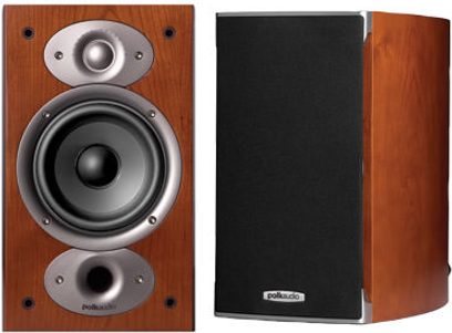 Polk Audio RTI A3 bogreolhøjttaler i træ, frontpanel med sølvfarvede højttalere og diskant, 3/4 højre forsigtsbillede