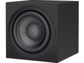 Bowers & Wilkins ASW608 svart bassreflekskabinett, nærbilde forfra av den matte svarte runde innfelte høyttaleren
