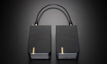Två elektroniklådor i svart och silver metall med räfflad ovansida, sammanlänkade med en kabel, portar och indikatorlampor, vy uppifrån