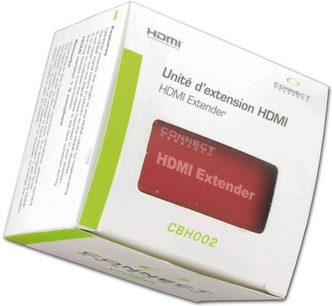 Otevřená bílá krabice obsahující červený HDMI extender Connect CBH002 a přiloženou dokumentaci na zeleném pozadí