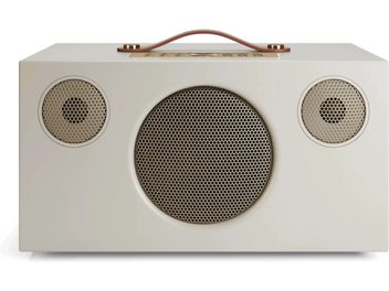 Coluna inteligente Audio Pro C10 MKII W Classic bege, vista de frente, três grelhas redondas douradas e pega castanha na parte superior