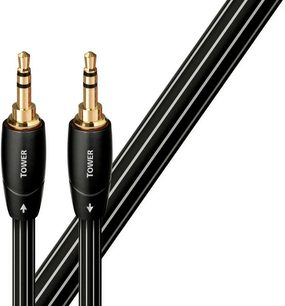 Två svarta Audioquest Tower Jack 3,5 mm 5 m ljudkablar med guldpläterade kontakter, parallellt placerade på vit bakgrund