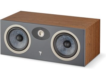 Diffusore centrale Focal Theva in noce, pannello frontale grigio scuro, 2 woofer e tweeter con bordi argentati