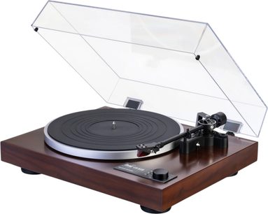 Hi-fi vinylpladespiller Dual CS 518 WN i brun valnødtræ med grå aluminiumspladetallerken, sort måtte, sort tonearm til højre og løftet gennemsigtigt akryllåg, set i trekvart fugleperspektiv forfra