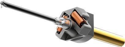 Audio Technica AT-ART20 pickup i close-up, indre struktur med sort cantilever og kobberspoler