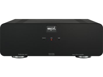 Vysokokvalitný výkonový zosilňovač SPL Performer s800 čierny s obdĺžnikovým čelným panelom, centrálnym logom, 3 kontrolkami a nápismi
